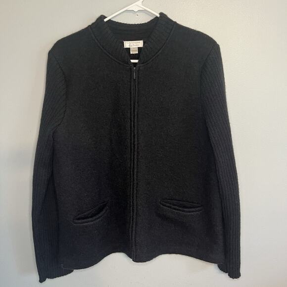 Vintage Christopher & Banks Women 100% Wool Cardigan Full Zip Sz L Black Japan - Picture 1 of 11
